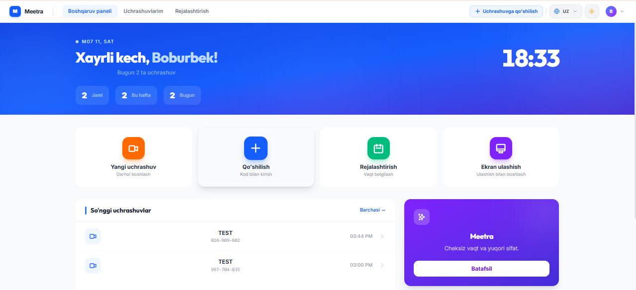 sameet.realcoders.uz — zamonaviy onlayn video konferensiya tizimi.